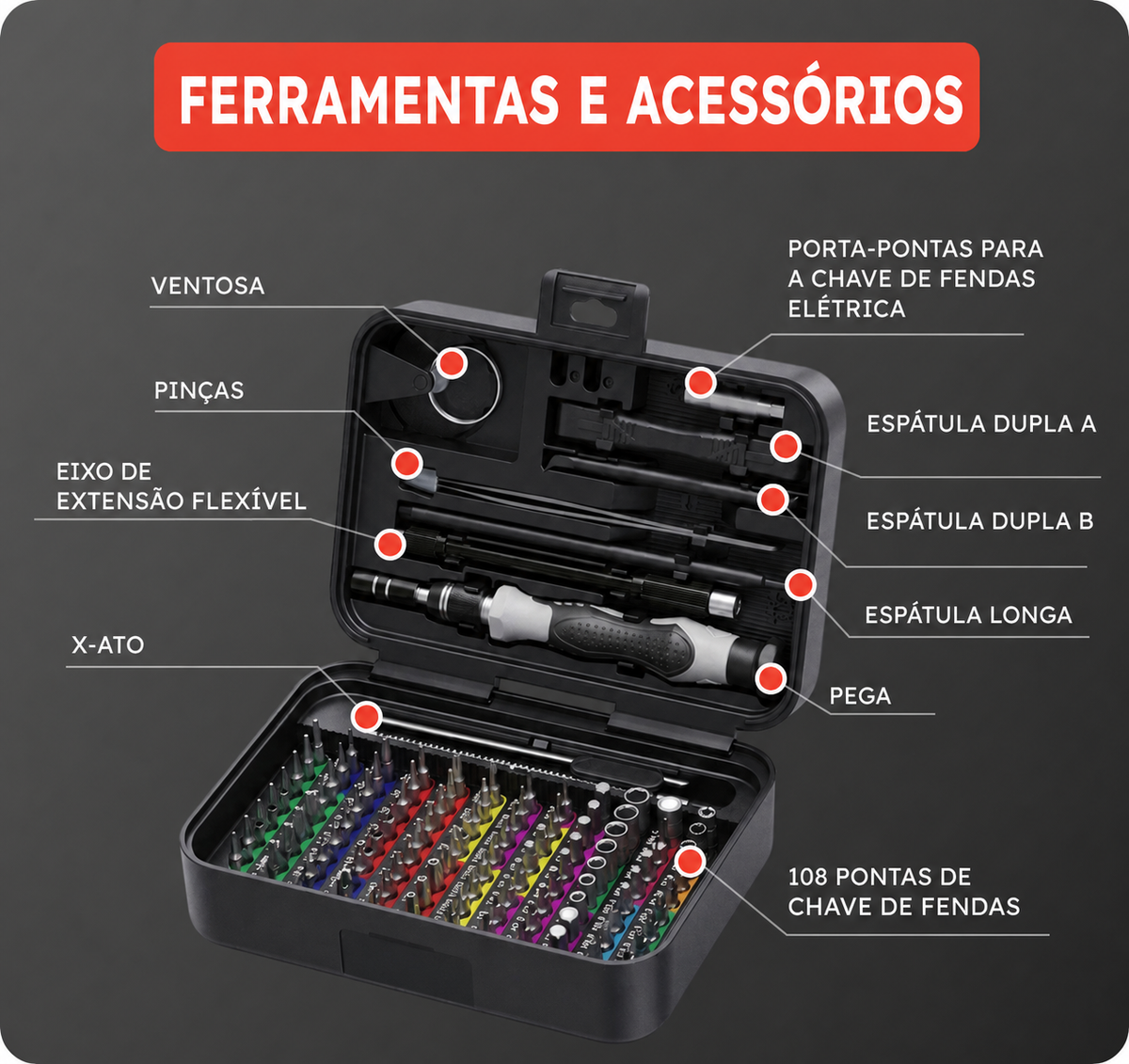 combatex™ Conjunto de chaves de fendas de precisão 132 em 1 – Kit tático de ferramentas de reparação com pontas magnéticas